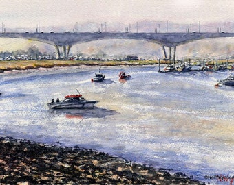 Boats On The MEDWAY - Kent River Rochester Watercolour Original Art