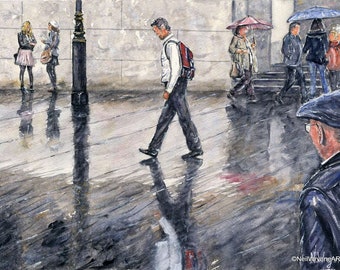 A REFLECTIVE STRIDE - Original Watercolour Cityscape - London Painting UK Street view people Art