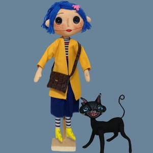 Coraline doll Coraline button eyes Black cat Creepy cat OOAK art doll Haunted doll  Goth doll