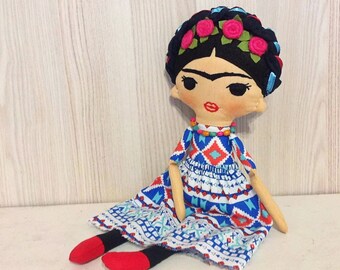 Rag doll Frida doll Embroidered Heirloom  Art Doll Cloth doll for girl Handmade Fabric doll  Mexican doll