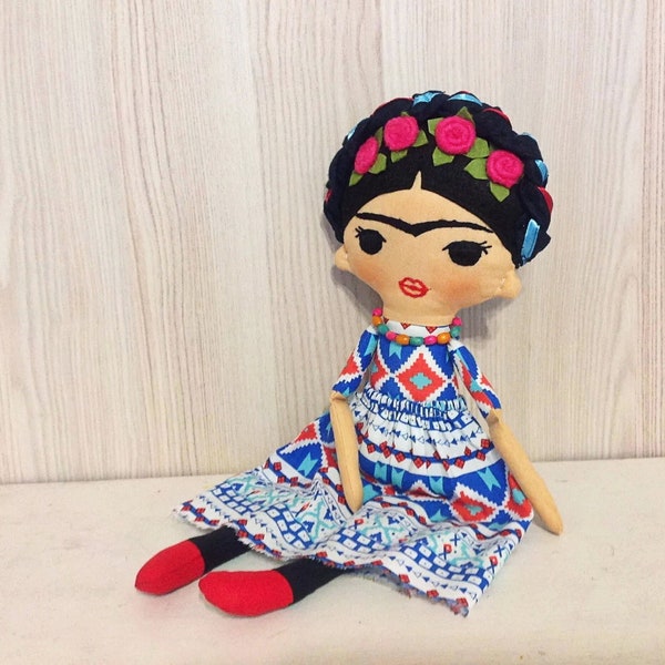 Rag doll Frida doll Embroidered Heirloom  Art Doll Cloth doll for girl Handmade Fabric doll  Mexican doll