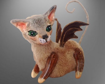 Cat Miniature Sphynx Cat figurine Mixed media sculpture from polymer clay and fake fur Tiny art doll