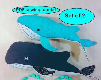Modello di cucito per balena in PDF – Tutorial per megattera e balenottera azzurra