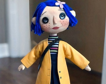 Handmade Coraline Rag Doll – Button Eyes, Yellow Raincoat, Blue Hair
