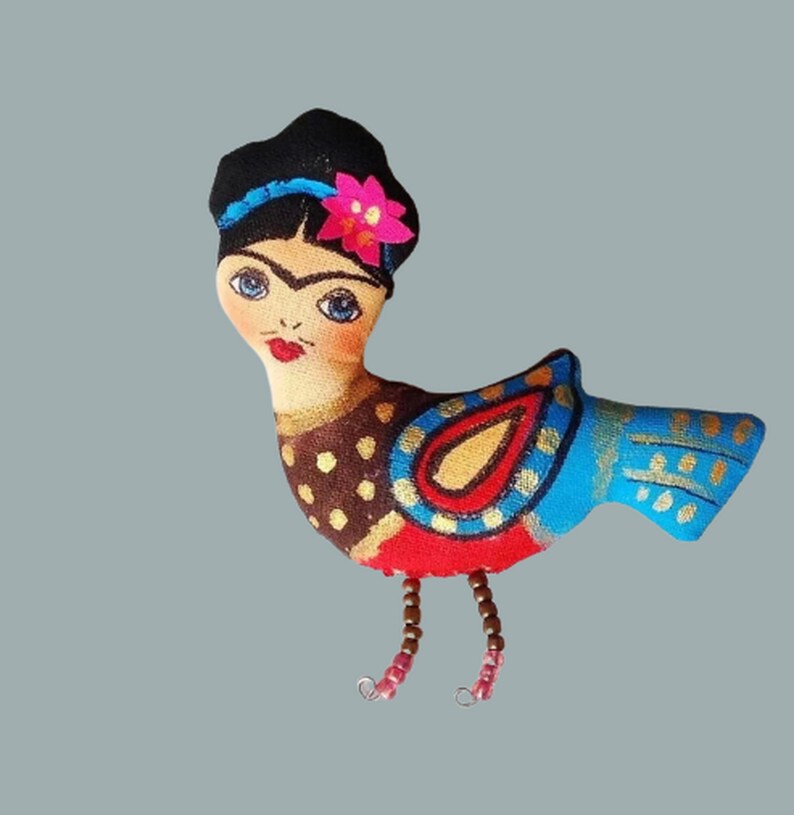 OOAK art doll Frida brooch pin handmade  Bird brooch Tiny art doll brooch