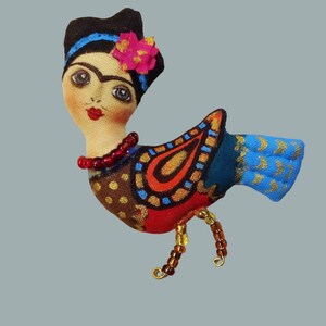 OOAK art doll Frida brooch pin handmade  Bird brooch Tiny art doll brooch