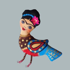 OOAK art doll Frida brooch pin handmade  Bird brooch Tiny art doll brooch