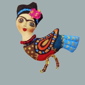 OOAK art doll Frida brooch pin handmade  Bird brooch Tiny art doll brooch