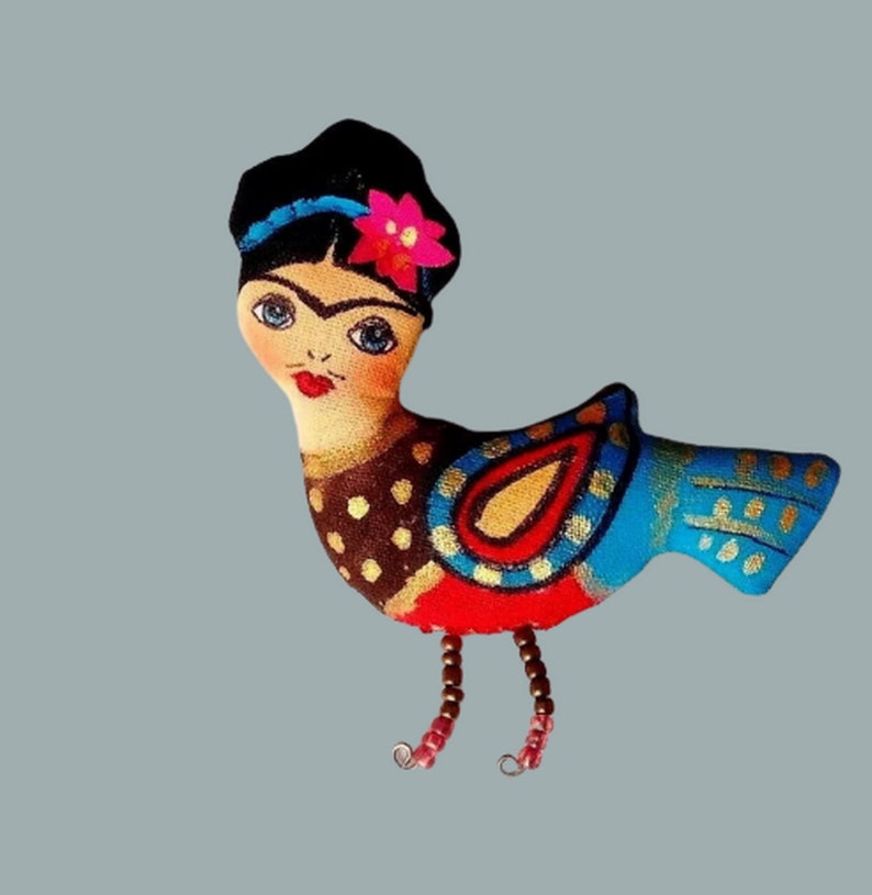 OOAK art doll Frida brooch pin handmade  Bird brooch Tiny art doll brooch