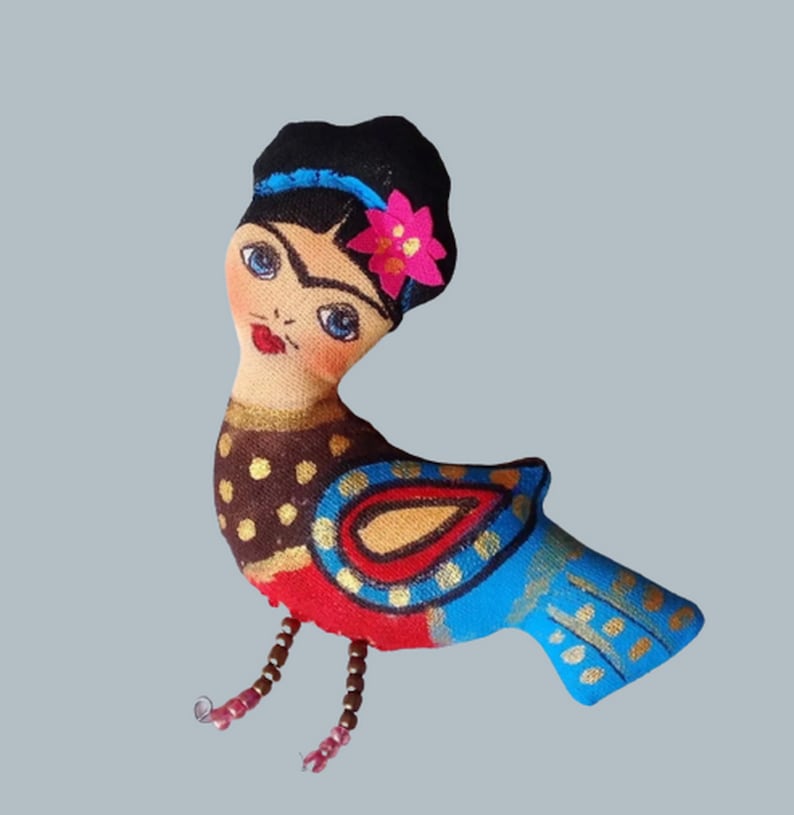 OOAK art doll Frida brooch pin handmade  Bird brooch Tiny art doll brooch