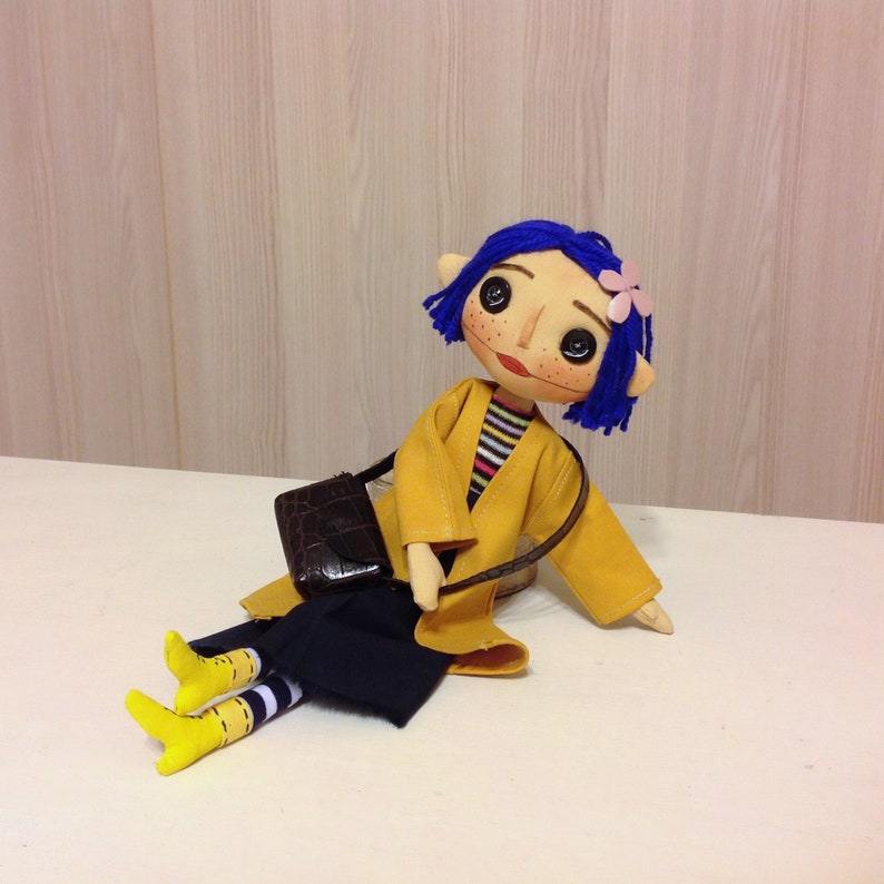 Coraline Doll Button Eyes Cloth Doll Rag Doll Blue Hair Spy Etsy