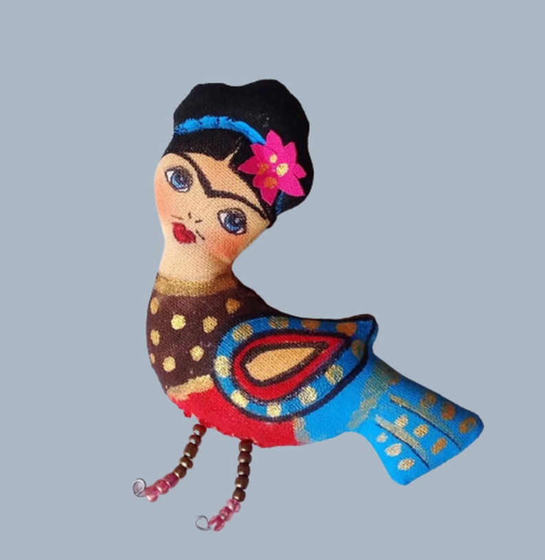 OOAK art doll Frida brooch pin handmade  Bird brooch Tiny art doll brooch