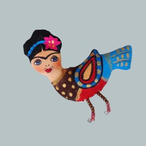 OOAK art doll Frida brooch pin handmade  Bird brooch Tiny art doll brooch