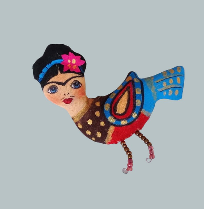 OOAK art doll Frida brooch pin handmade  Bird brooch Tiny art doll brooch