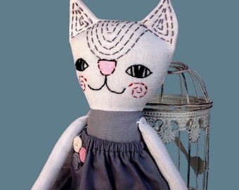 White Cat Plush Doll - Handmade Stuffed Rag Doll for Kids - Unique Anthropomorphic Toy