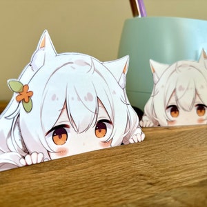Glossy Vinyl Cat Girl Peeking Light Hair Cute Kawaii Anime Girl Peeker Neko Sticker for Laptop Window Locker WaterBottle Girlfriend Gift Car