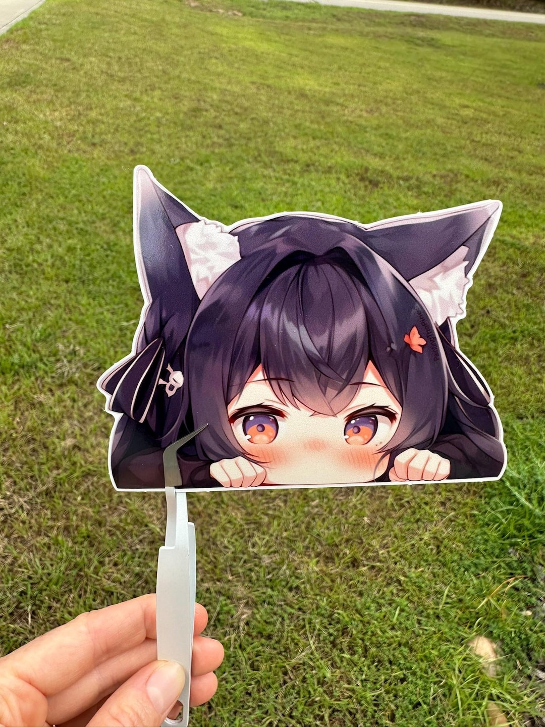 Large Vinyl Purple Neko Cat Girl Peeking Kawaii Anime Shy Peeker