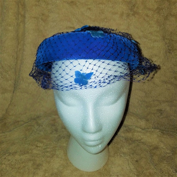 Vintage 1950s 1960s Royal Blue Ring Hat Veil Bows… - image 2