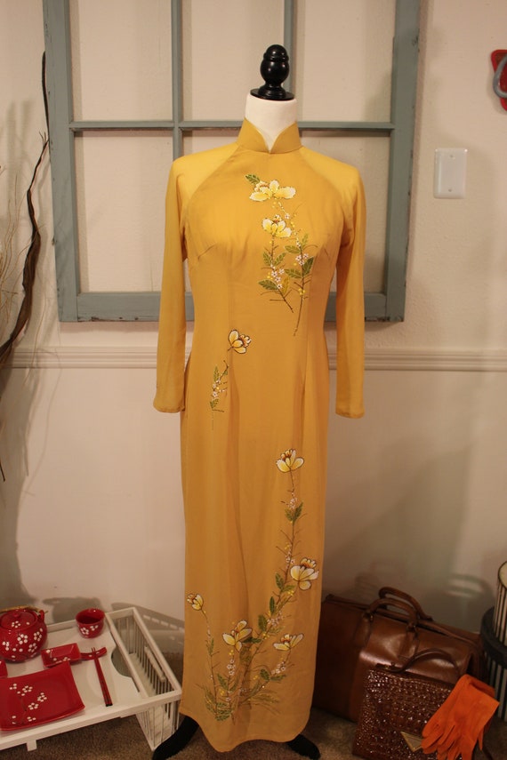 1950s, 1960s, Gold, Asian, Aodai, Hand Painted, Vi