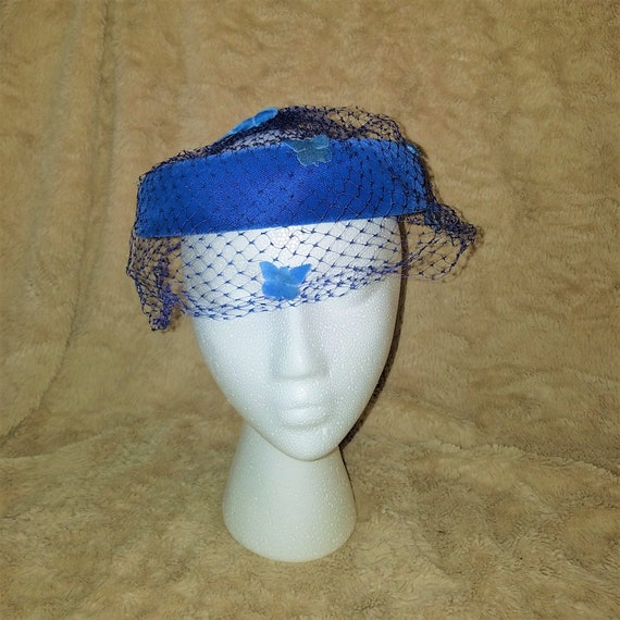 Vintage 1950s 1960s Royal Blue Ring Hat Veil Bows… - image 1