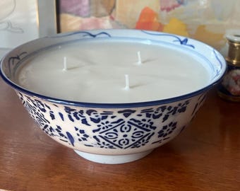 Large Blue & White Decorative Bowl Candle (Sage Lemongrass Scent)