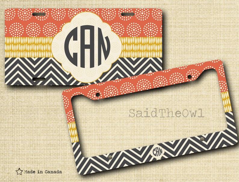 Charcoal Chevron Coral Dots Mustard Yellow Car Vanity Tag Etsy
