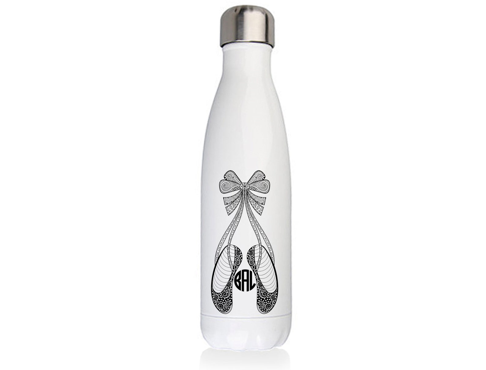 water bottle, ballet shoes, customized water bottle, custom water bottle, intricate drawing, intricate design, delicate print, m