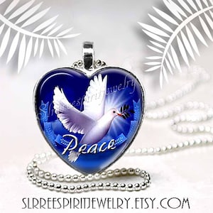 Peace Dove Heart Necklace, White Dove, Silver Plated Pendant, Photo image Jewelry, Flying Dove, Blue Sky, Gift for Free Spirit