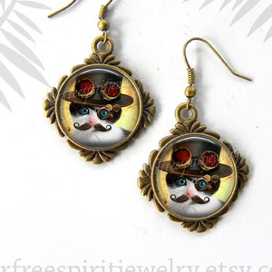 Schattige cat oorbellen, Steampunk Kitty, kat met snor, kat draagt hoge hoed, Steampunk sieraden, zwart-witte kat, oorbellen voor kattenliefhebbers