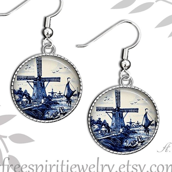 Dutch Theme Earrings, Windmill, Holland Landscapes, Netherlands, Travel, Blue White, Silver plated bezels, photo glass jewelry