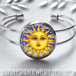 Sun Sign Silver Plated Cuff Bracelet, Bright Yellow Sun, Nature, Yellow Blue, Face, Retro, Boho, Summer Accessory, Photo jewelry,