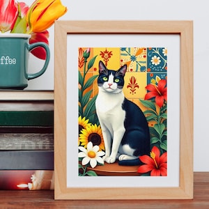 Tuxedo Cat Print, Matted Print, 8x10, Cute, kids room, Kitchen, colorful illustration, Black & White Cats, still-life, flowers, folk art