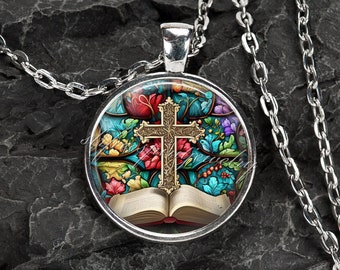 Christian Cross Necklace, Christian Gift, Beautiful Stained Glass Design, Vibrant Jewel Tone Colors, Paper, glass and metal, Digital Art