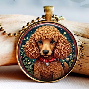 Lindo collar de caniche, caniche estándar, perros, joyas de vidrio y metal, regalo para los amantes de los caniches, colgante con cadena, caniche tostado, animales mascotas