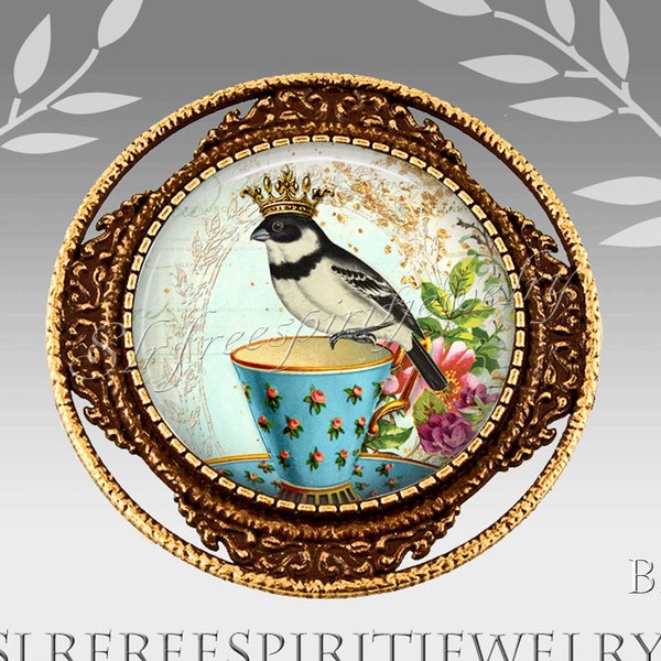 Bird Brooch, Bird with Crown, Tea Cup, Art Collage Jewelry, Large Circle Pin, Decorative Brooch, Mother's Day Gift, Gift for Bird Lover