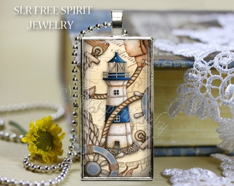Lighthouse Necklace, Nautical Jewelry, Ocean theme Jewelry, Lighthouses, Blue, Silver plated, Boating, Sailing, Gift for women