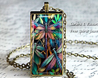 Beautiful Dragonfly Necklace, Rectangle Pendant, Gift for Nature Lover, Gift for women, Nature, butterflies, Summer, Digital art, Handmade,