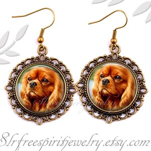 Cavalier King Charles Spaniel earrings, Necklace or Brooch, Ruby Red, Photo Image Cabochon