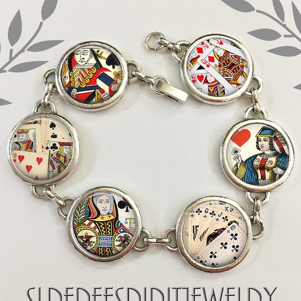 Spielkarten Schmuck, Gliederarmband, Foto Bild Schmuck, Geschenk für Bridgespieler, Retro, Herzkönigin, Karte passt Armband