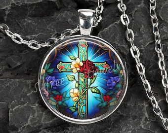 Christian Necklace, Cross pendant, Religious gift, circle pendant, gift for Sunday school teacher, Crosses, Glass Photo Art, handmade gift