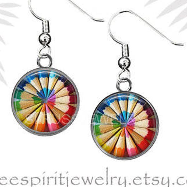 Color Pencil Earrings, Rainbow Colors, Color Pencil Necklace, Earring Set, Photo Image Jewelry, Coloring Book Artist Gift