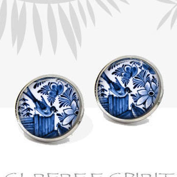 Blue Bird Earrings, Antique China Design Jewelry,  Birds and flowers, Blue and White earrings, Glass photo Cabochon, handmade