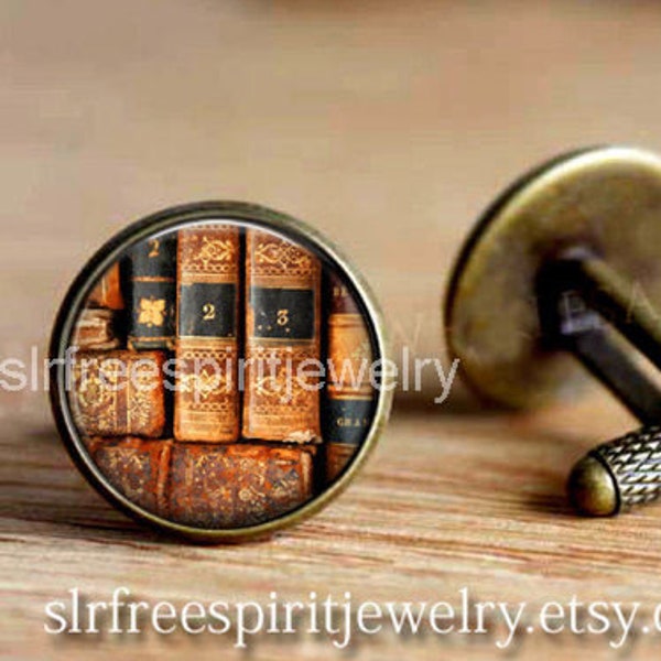 Book Cuff Links & Tie Tack, Old Books, Library, Literary gift, Gift for Lawyer, Gift for Student, circle cuff links, gift for men