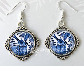Blue Bird Earrings, Silver Bracelet, Birds and flowers, Blue and White Jewelry, Antique pottery designs