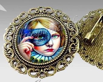 Whimsical Brooch, Girl with Mask Brooch, Carnaval Accessory, Avant garde.  Modern Art Jewelry, Art Brooches,  Conceptual Jewelry,