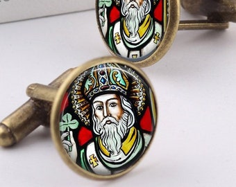Saint Patrick Cuff Link, Patron Saints, Photo glass cuff links, Catholic Saints, Religious gift for men