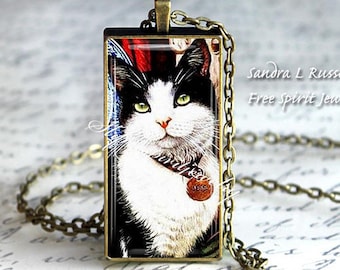 Cat Pendant Necklace, Tuxedo Cat, Black & White cat gift, Artistic Green eye cat,  Rectangle Pendant with chain, Cats, Cat Lover gift