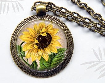 Sunflower Necklace, Sunflower Earrings, Photo Glass Necklace, Boho, Accessory, Floral Accessory, Sunflower Bronze Pendant, Gift for Women,