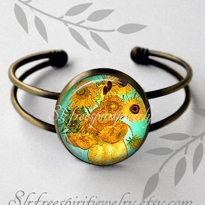 Van Gogh Sunflowers Jewelry, Van Gogh Cuff Bracelet,  Sunflowers, Floral Earrings, Famous Paintings, Famous Artist, Van Gogh Gift for Women