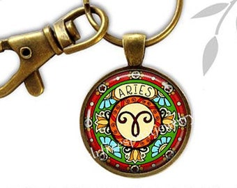 Zodiac Signs Key Chain,Boho Accessory, Astrology, Bronze, Cabochon Jewelry, Mystic, Birthday Gift, Astrological Signs